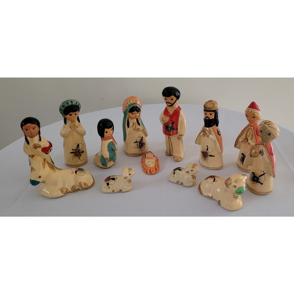 Tonala Mexican Folk Art Hand Painted Pottery Nativity/Manger Set -- 13 pieces